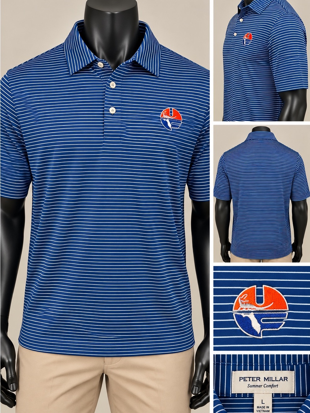 Peter Millar Florida Gators Polo Men’s Large NWT Blue Stripe Summer Comfort